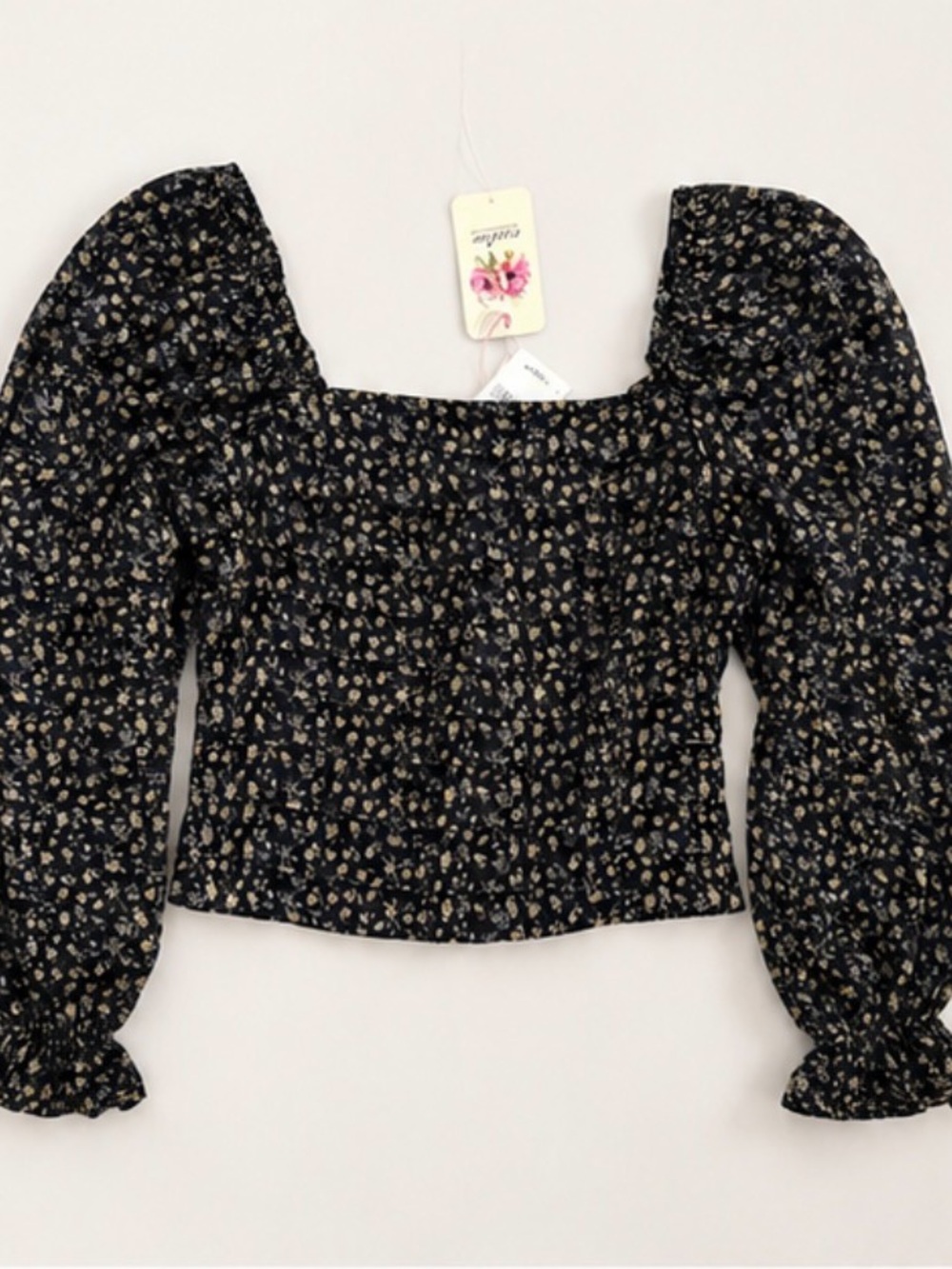 entro Black Floral Smocked Long Sleeve Square-Neck Top